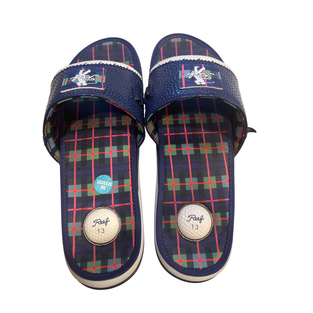 Reef Mulligan Golf Slide Sandals Navy Blue Plaid Tartan Mens 13 and Women's 15